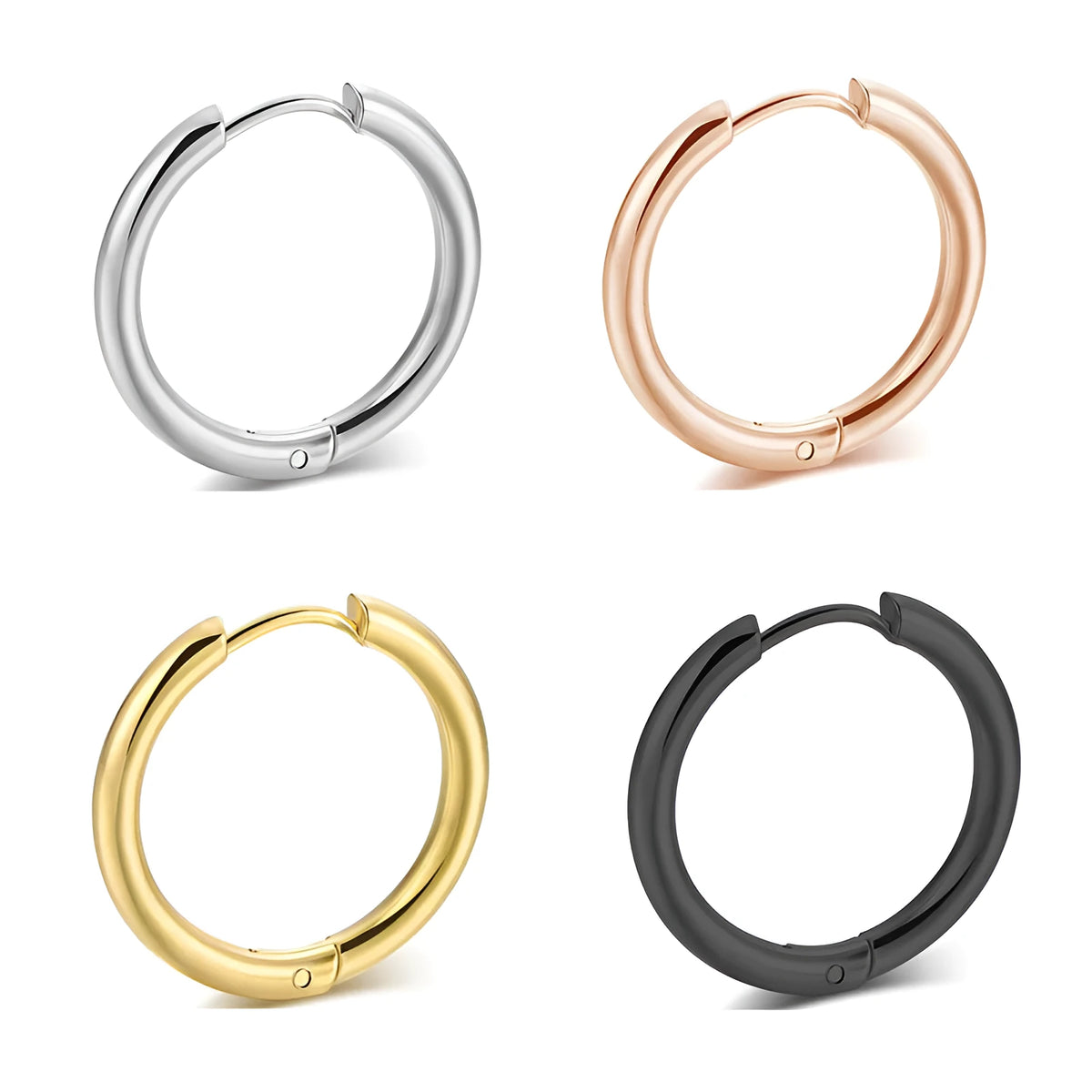 Titanium steel earrings in black, gold, rose gold or silver, sizes 8mm to 20mm, single pair or 3-pair set