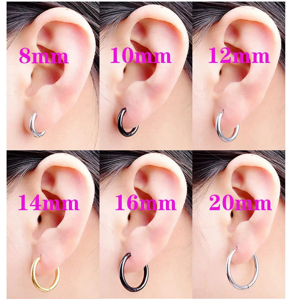 Titanium steel earrings in black, gold, rose gold or silver, sizes 8mm to 20mm, single pair or 3-pair set