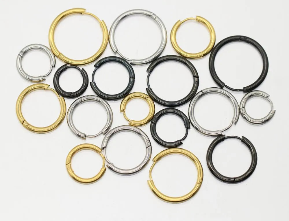Titanium steel earrings in black, gold, rose gold or silver, sizes 8mm to 20mm, single pair or 3-pair set