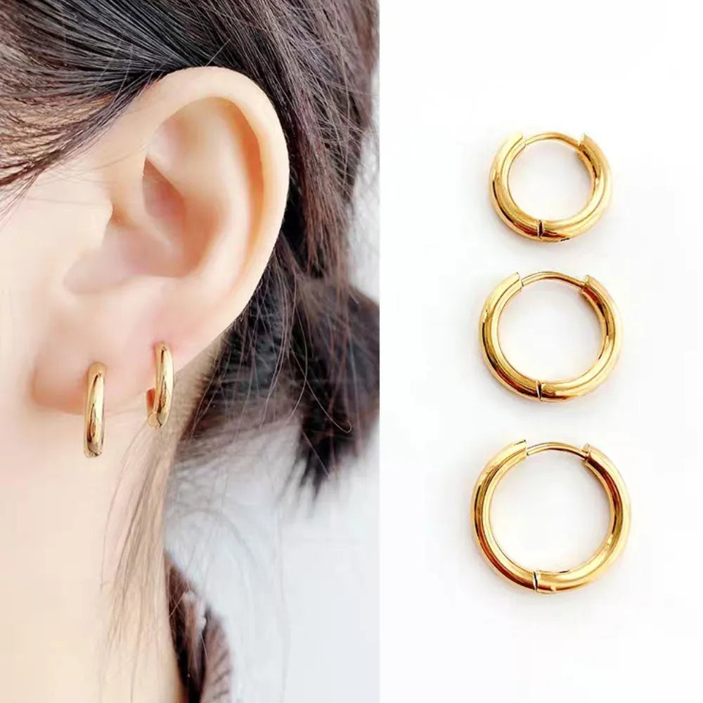 Titanium steel earrings in black, gold, rose gold or silver, sizes 8mm to 20mm, single pair or 3-pair set