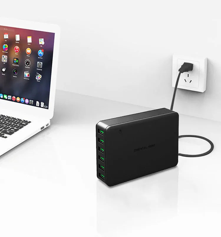 Black and white desktop USB fast charger with LED indicator showing 60W 9V 2A output for mobile phones