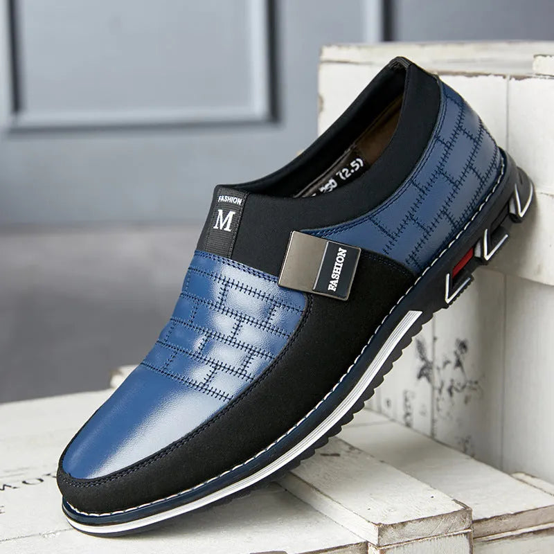 Men's black casual leather shoes with low upper height showing size label and sole detail