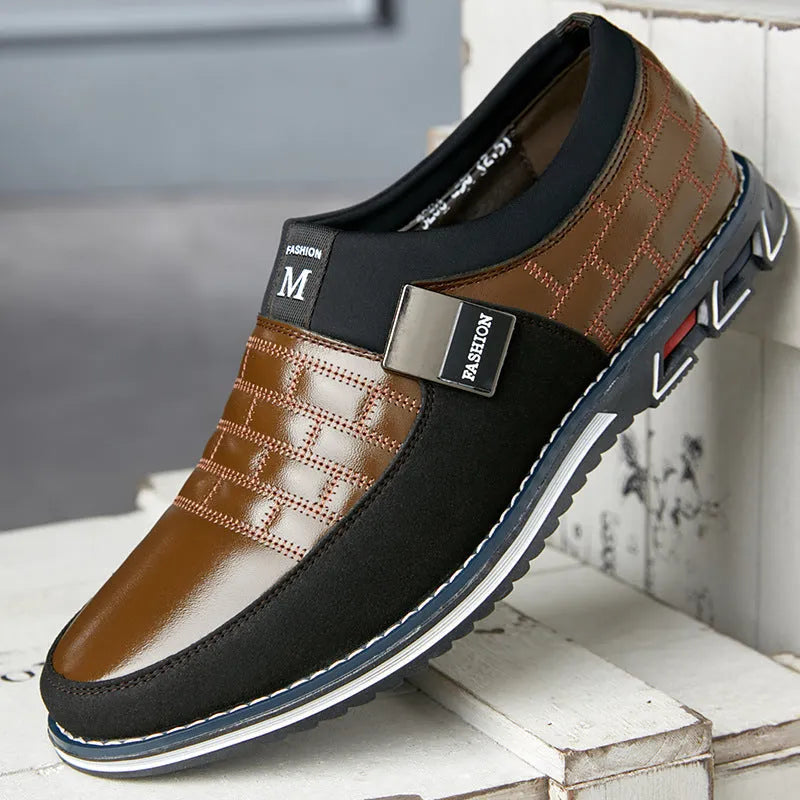 Men's black casual leather shoes with low upper height showing size label and sole detail