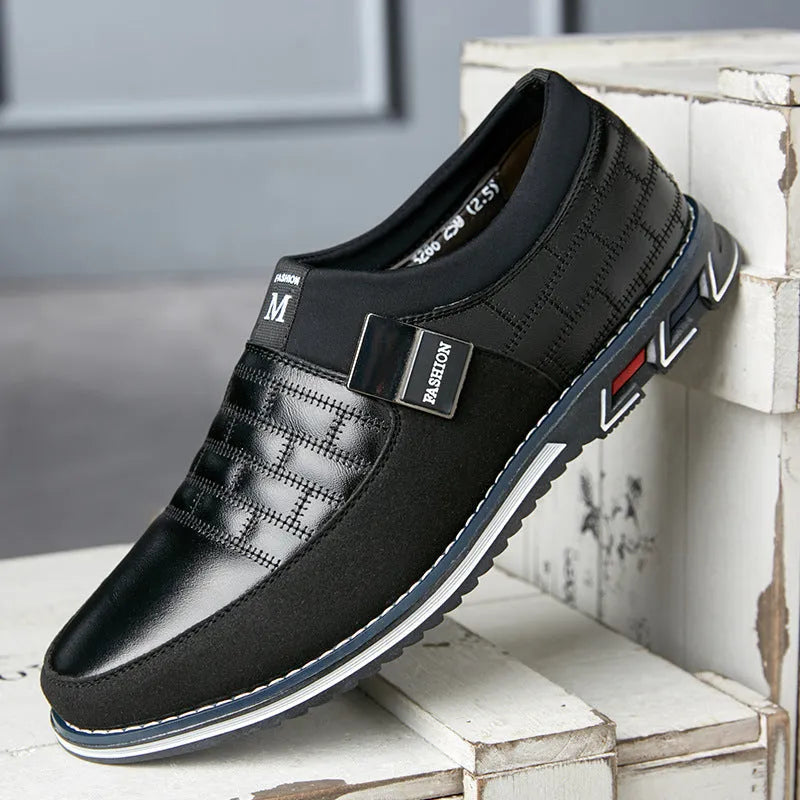 Men's black casual leather shoes with low upper height showing size label and sole detail