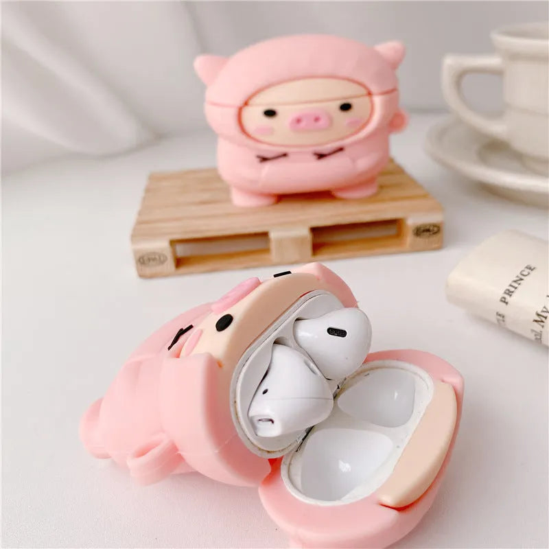 Pink silicone AirPods case cover with cartoon pig design for AirPods 1 2 Pro3