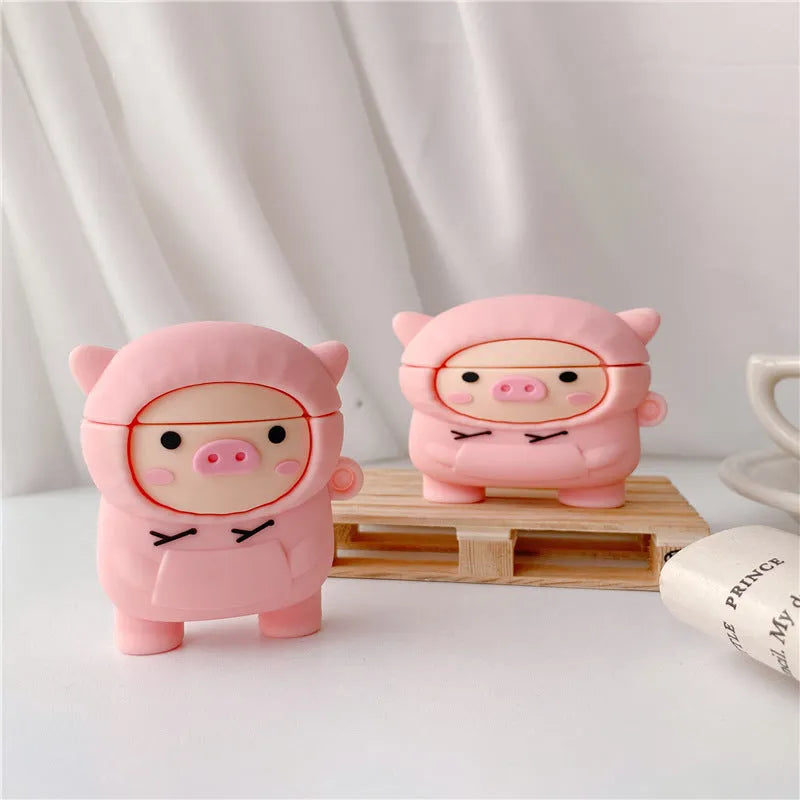 Pink silicone AirPods case cover with cartoon pig design for AirPods 1 2 Pro3
