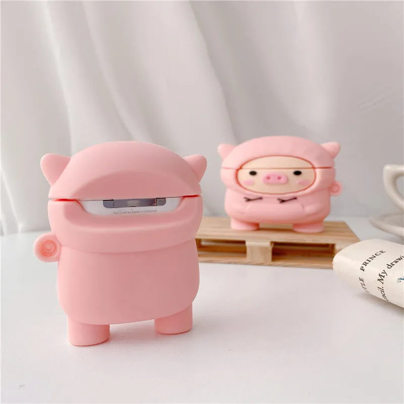 Pink silicone AirPods case cover with cartoon pig design for AirPods 1 2 Pro3
