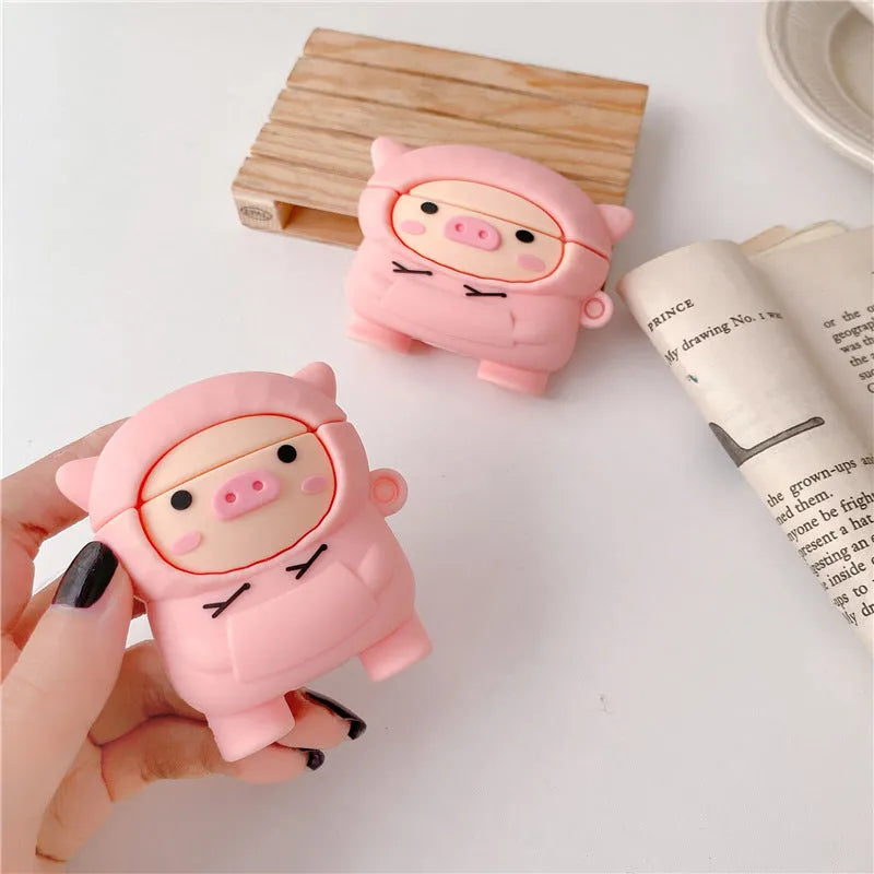 Pink silicone AirPods case cover with cartoon pig design for AirPods 1 2 Pro3