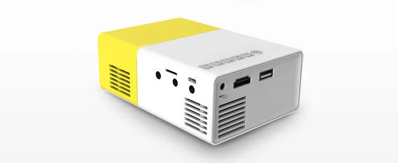 Compact black HD 1080P mini digital projector with UK power plug on white background