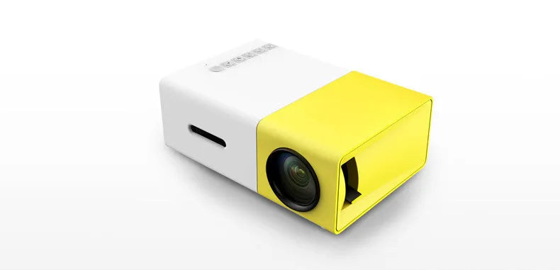 Compact black HD 1080P mini digital projector with UK power plug on white background