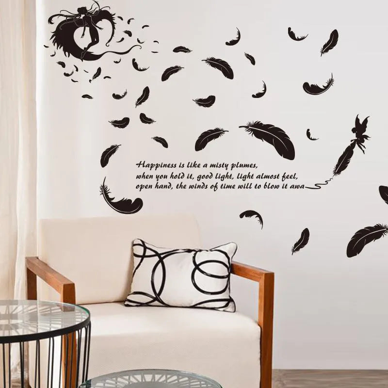 Black feather angel three generations removable wall sticker measuring 50 by 70 cm