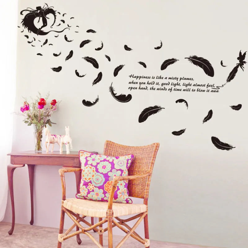 Black feather angel three generations removable wall sticker measuring 50 by 70 cm