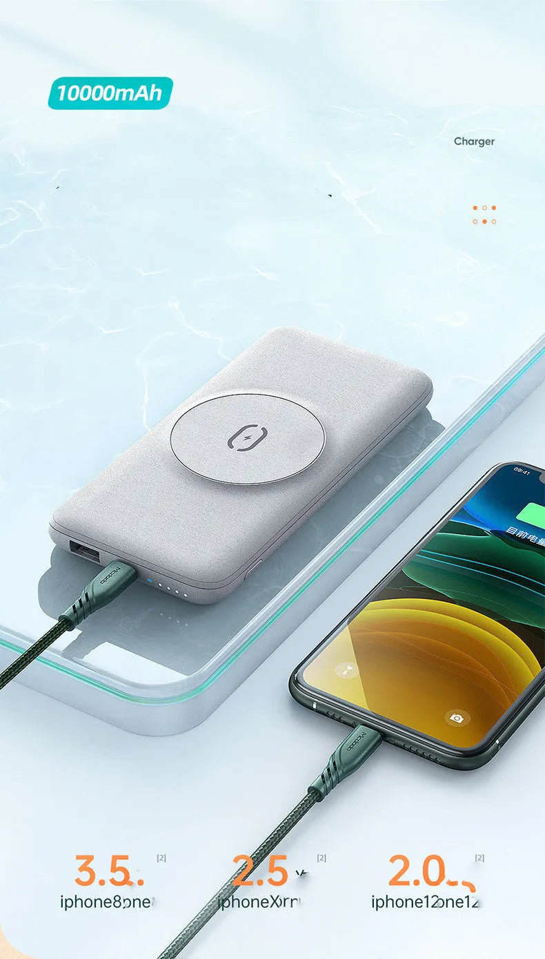 Maiduo mint green MagSafe magnetic wireless power bank with back clip, shown next to an iPhone.
