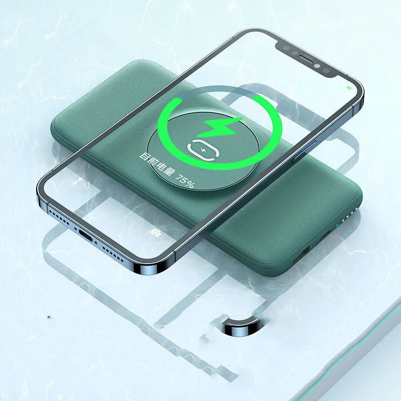Maiduo mint green MagSafe magnetic wireless power bank with back clip, shown next to an iPhone.