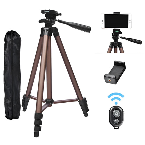 Aluminium camera tripod extended to 1.3m with hydraulic head, mobile phone holder, and Bluetooth remote on a table.