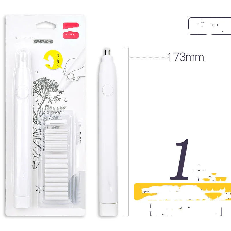 Deli electric eraser in black with rubber refill and AAA batteries on a desk