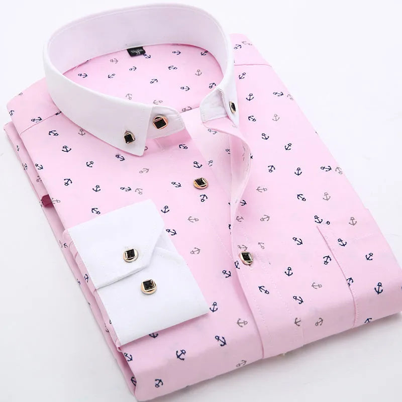 Men's long sleeve shirt with floral pattern, square collar, slim fit, sizes 38-44, polyester fabric.