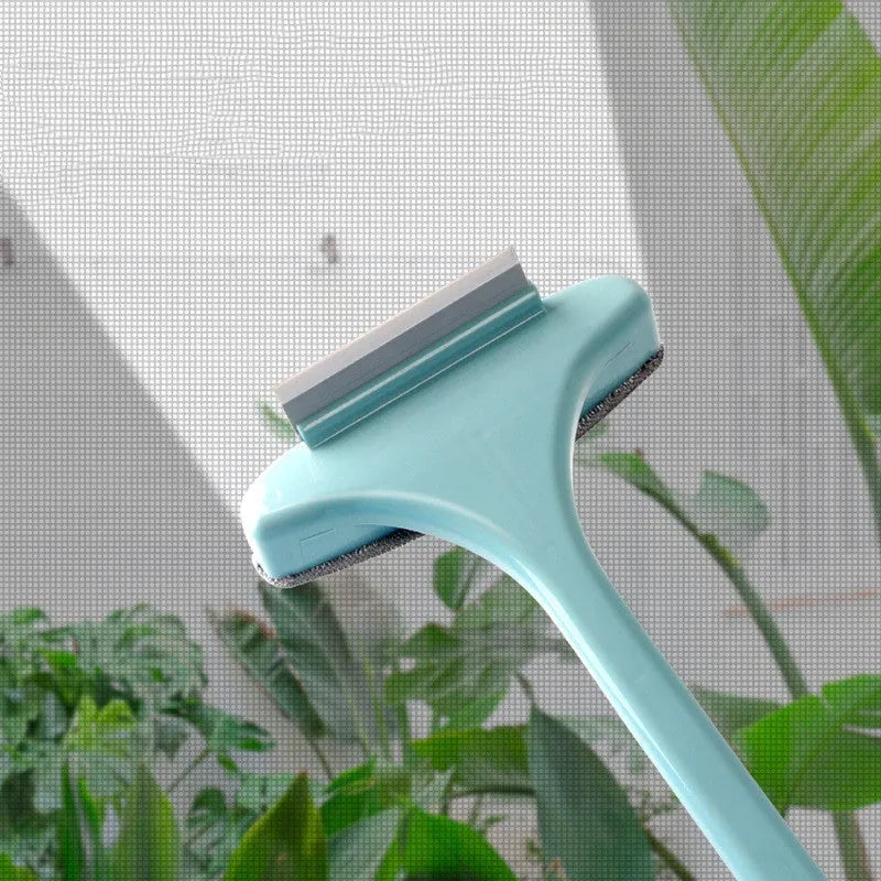 Extendable window cleaning brush with dual-sided scrubber head and crevice tool for screens and glass