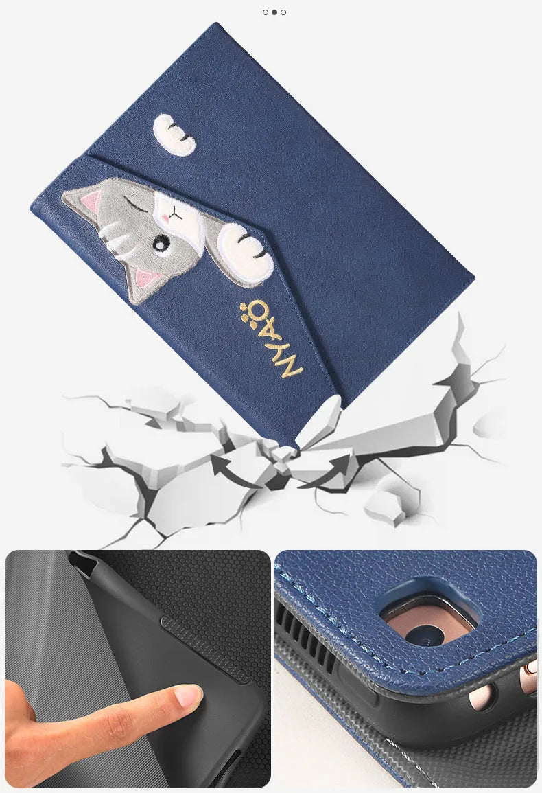 iPad Pro 11 PU protective cover in dark blue with cartoon design and suction closure