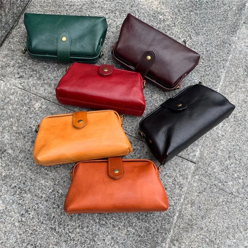 Leather pillow shape purse in yellow with cover opening compact 22x12x6cm size