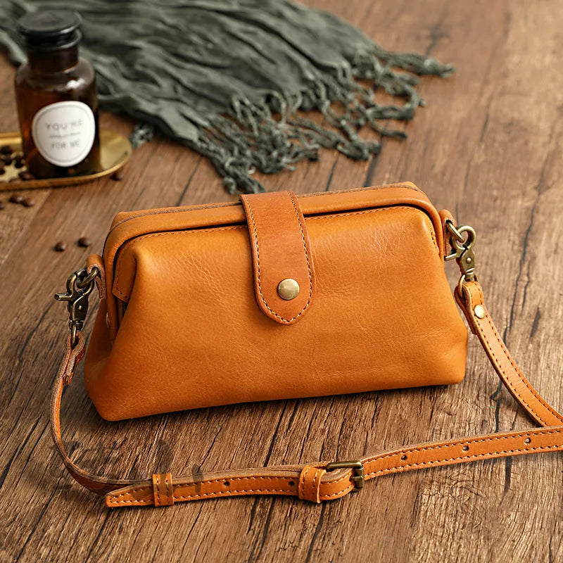 Leather pillow shape purse in yellow with cover opening compact 22x12x6cm size