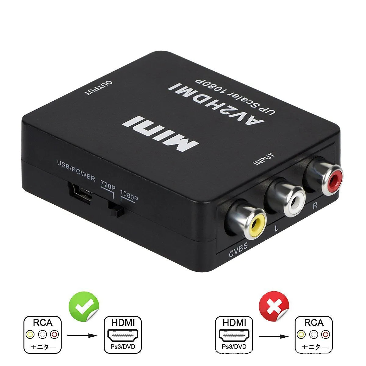 Black and white mini AV to HDMI converter with 0.5m cable for 1080p video conversion