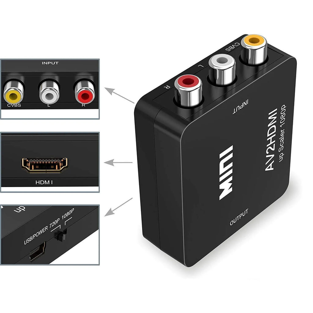 Black and white mini AV to HDMI converter with 0.5m cable for 1080p video conversion