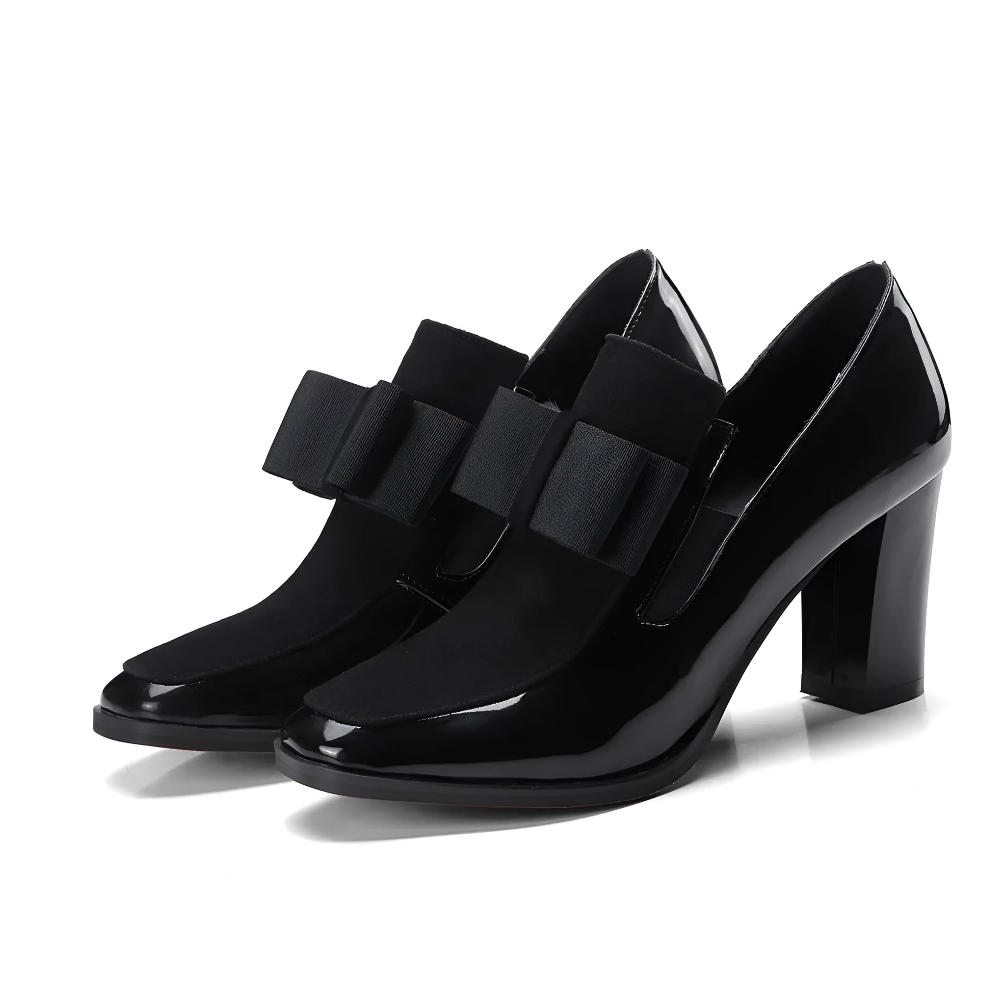 Women's black patent leather high heels with a thick block heel and square toe.