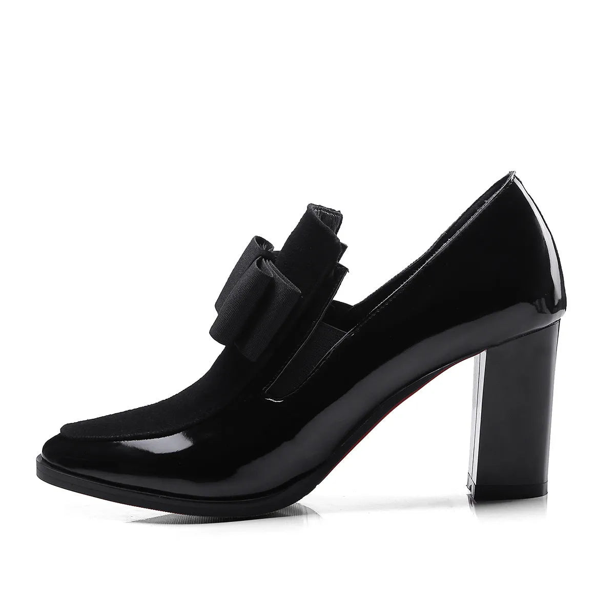 Women's black patent leather high heels with a thick block heel and square toe.