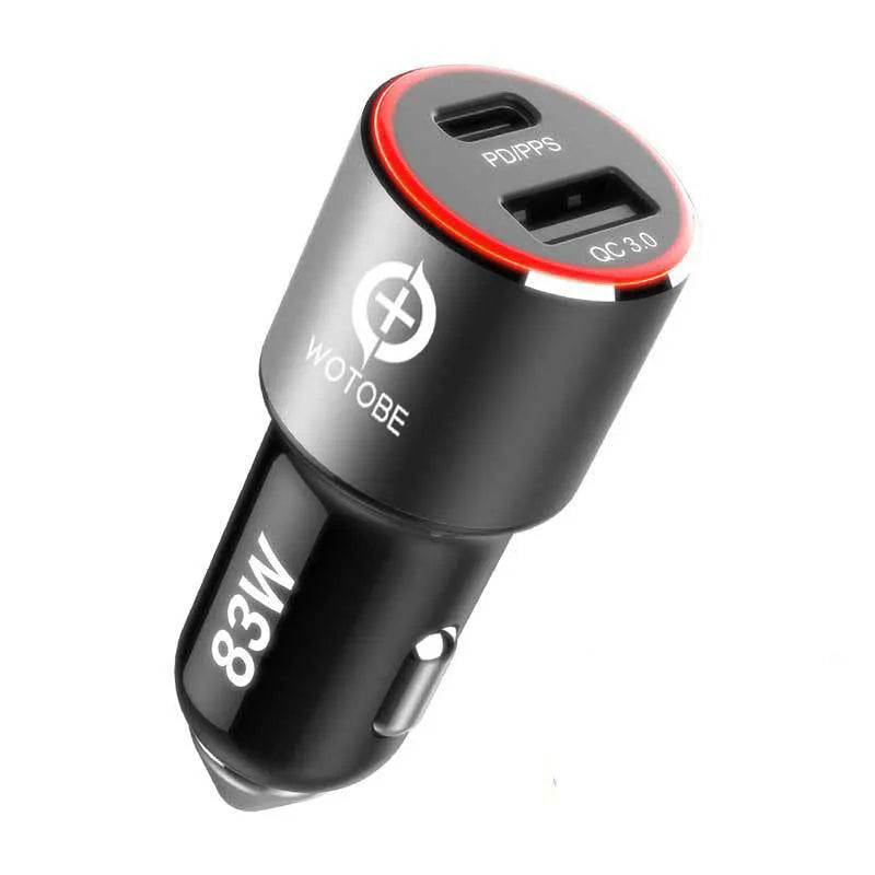 83W dual-port fast car charger with USB-C and USB-A ports, shown plugged into a 12V car socket with connected cables.