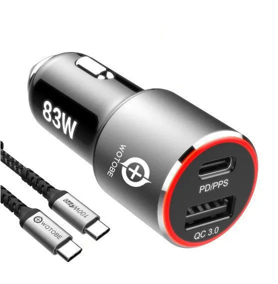 83W dual-port fast car charger with USB-C and USB-A ports, shown plugged into a 12V car socket with connected cables.
