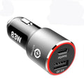 83W dual-port fast car charger with USB-C and USB-A ports, shown plugged into a 12V car socket with connected cables.