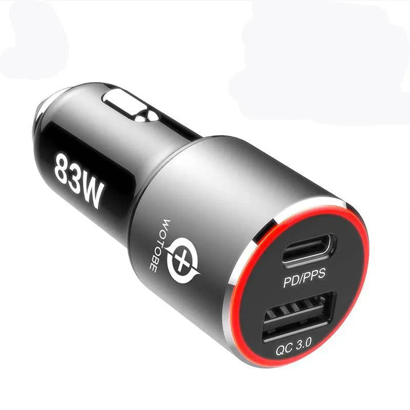 83W dual-port fast car charger with USB-C and USB-A ports, shown plugged into a 12V car socket with connected cables.