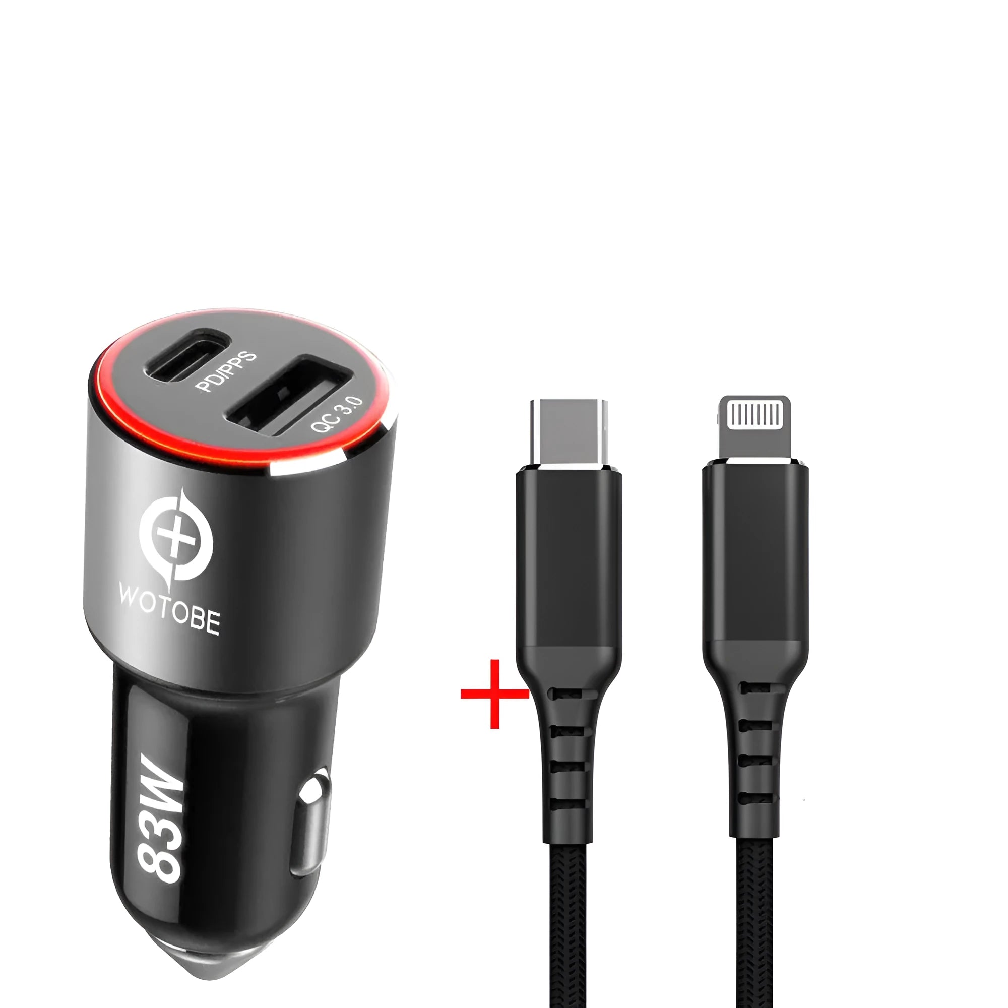 83W dual-port fast car charger with USB-C and USB-A ports, shown plugged into a 12V car socket with connected cables.
