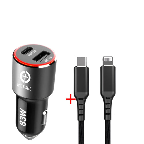 83W dual-port fast car charger with USB-C and USB-A ports, shown plugged into a 12V car socket with connected cables.