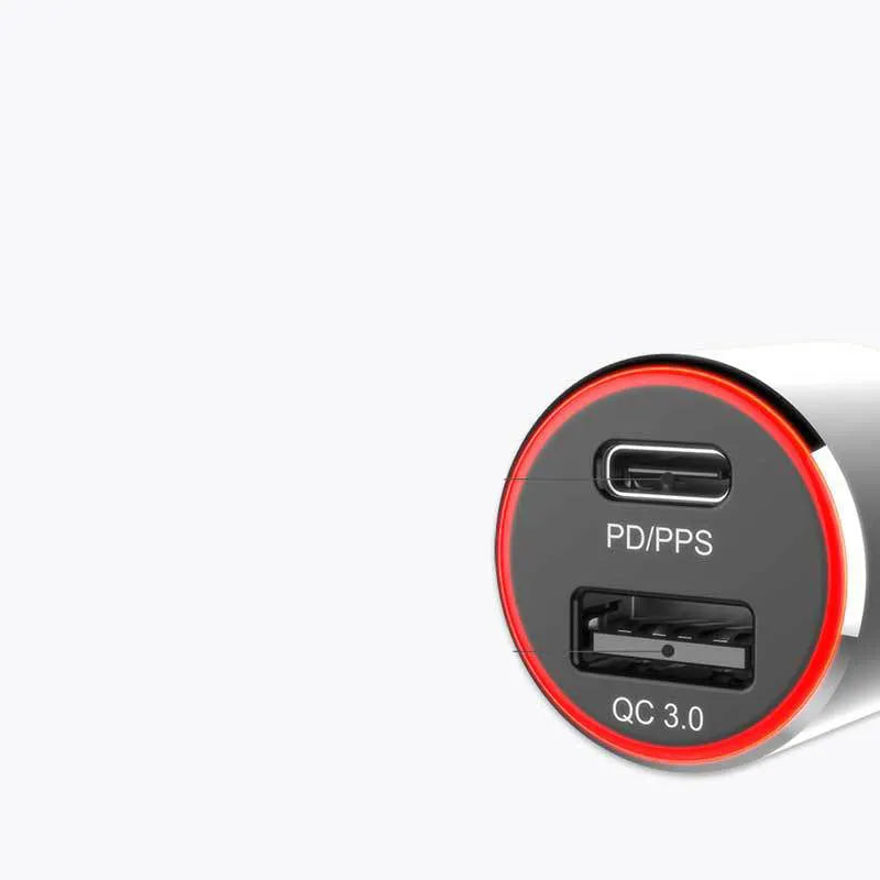 83W dual-port fast car charger with USB-C and USB-A ports, shown plugged into a 12V car socket with connected cables.