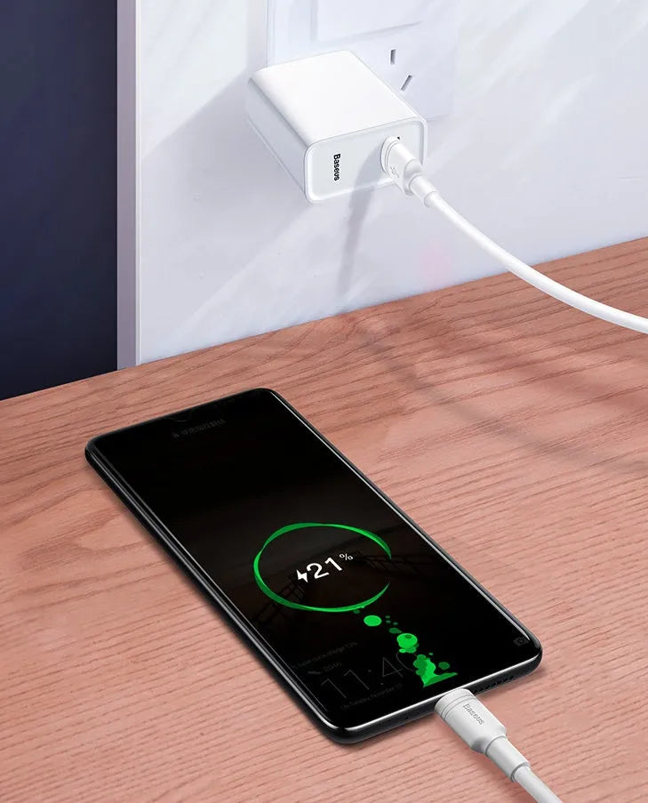 Baseus black and white Micro USB fast charging cables for Android phones showing 1m and 2m length options