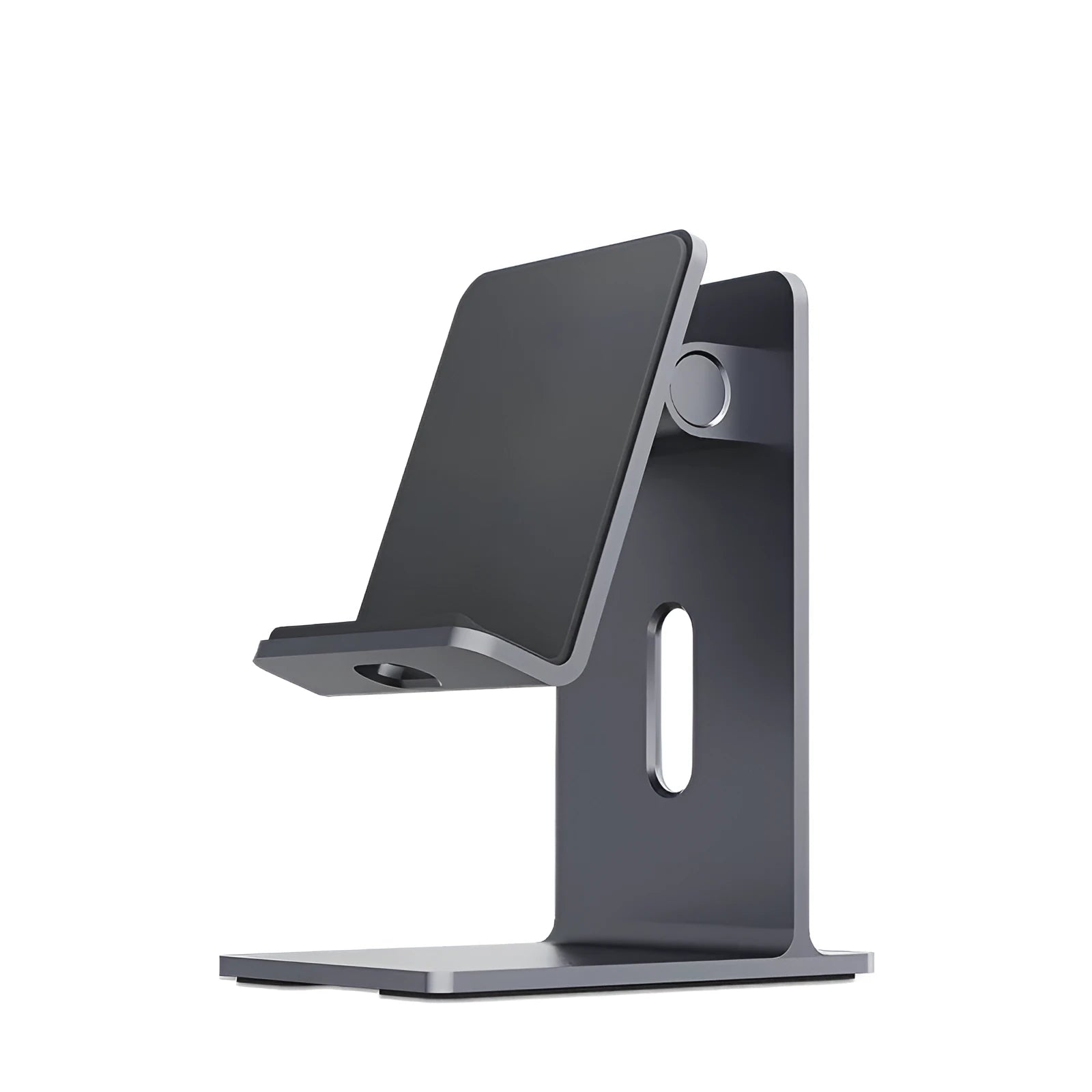 Dark Space Gray alloy mobile phone holder with a phone secured in its adjustable cradle on a wooden desk.