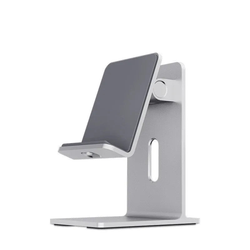 Dark Space Gray alloy mobile phone holder with a phone secured in its adjustable cradle on a wooden desk.