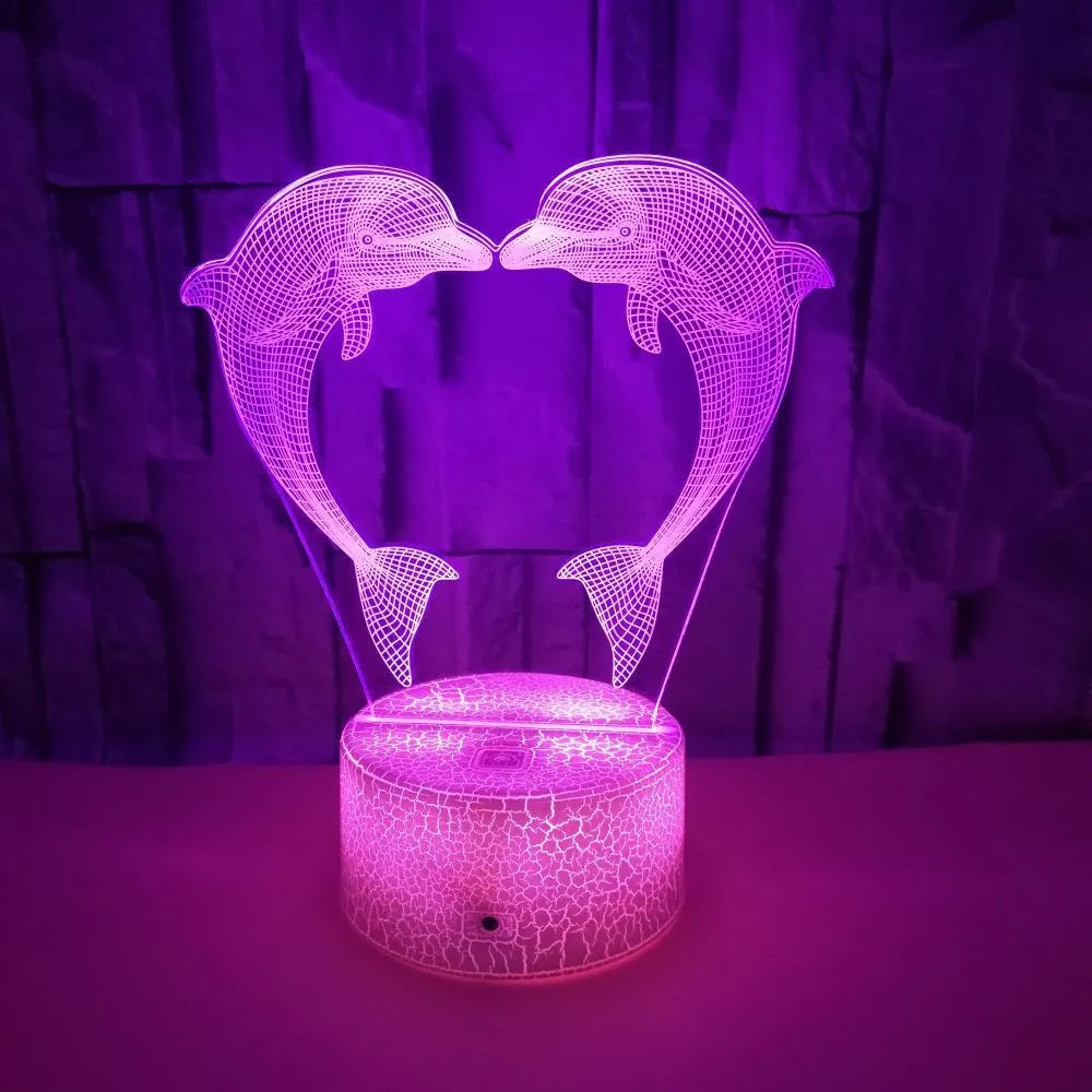 Boutique gift box with colourful 3D dolphin illusion LED touch table lamp, acrylic shade, black cracked finish