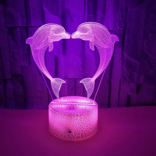 Boutique gift box with colourful 3D dolphin illusion LED touch table lamp, acrylic shade, black cracked finish