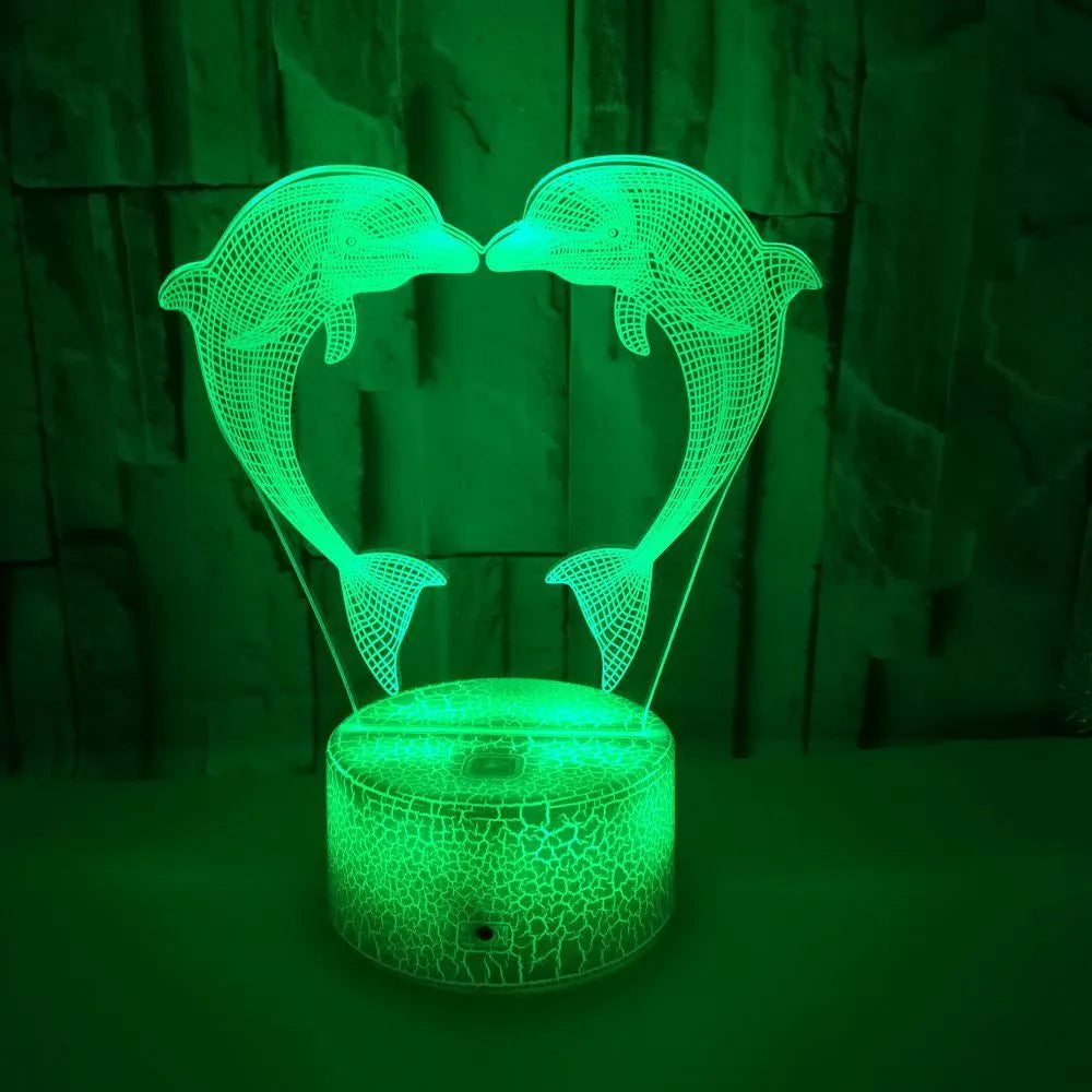 Boutique gift box with colourful 3D dolphin illusion LED touch table lamp, acrylic shade, black cracked finish