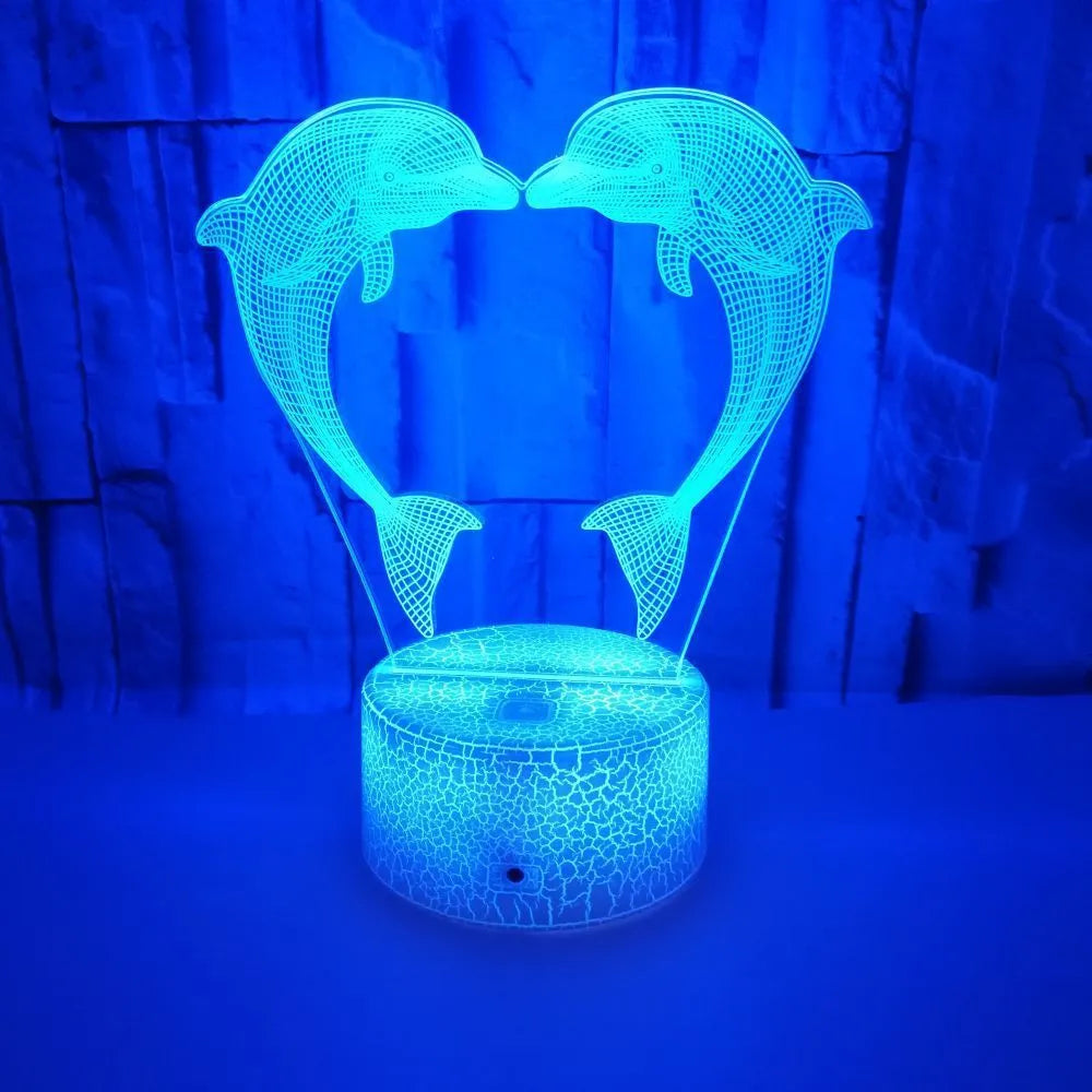 Boutique gift box with colourful 3D dolphin illusion LED touch table lamp, acrylic shade, black cracked finish
