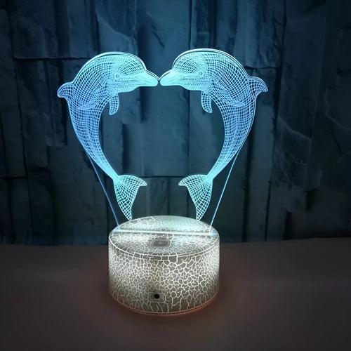 Boutique gift box with colourful 3D dolphin illusion LED touch table lamp, acrylic shade, black cracked finish