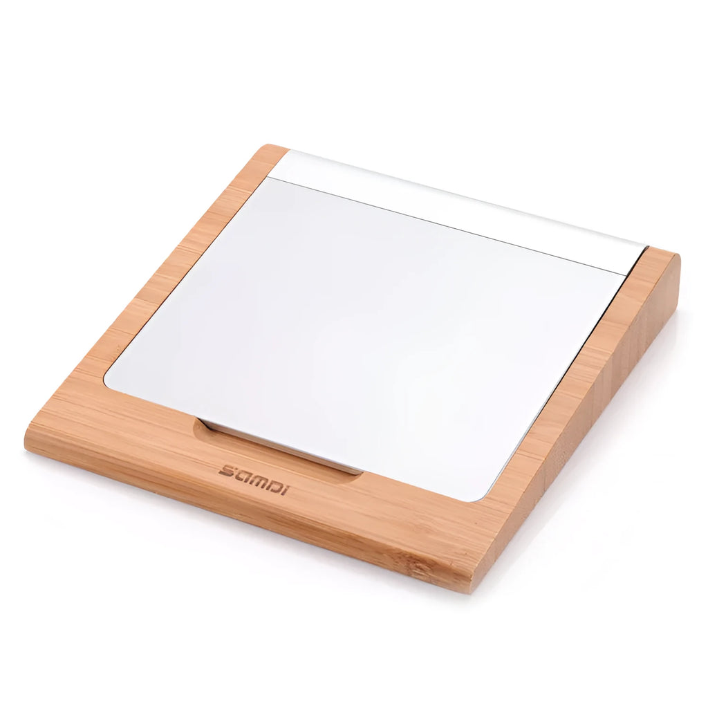 Bamboo wood Apple trackpad bracket showing 15cm size and natural colour