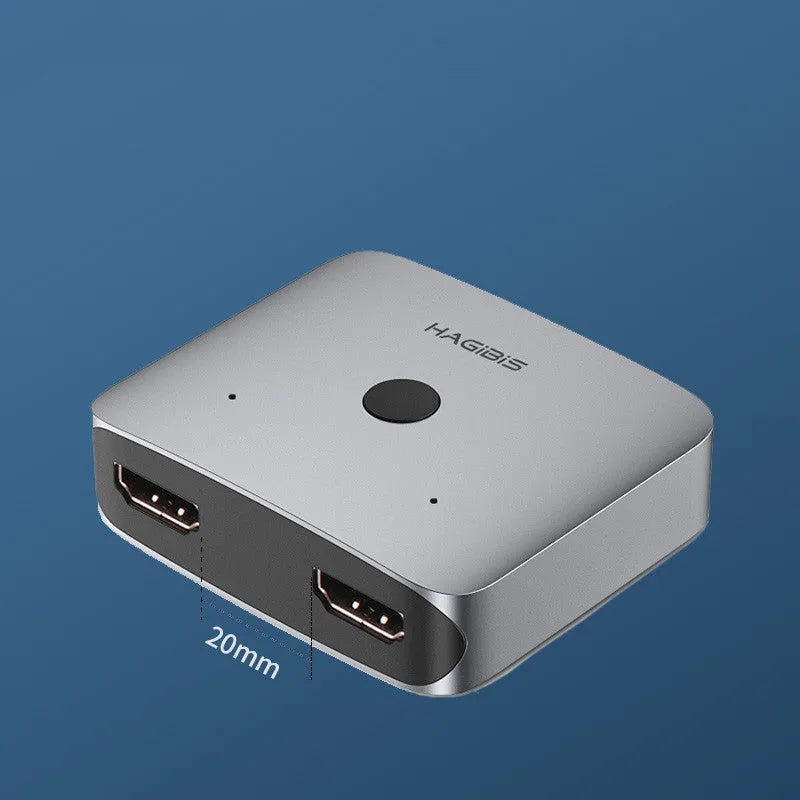 Grey Haibeisi HDMI 1.2 splitter switcher showing one input and two output ports for 4K video distribution