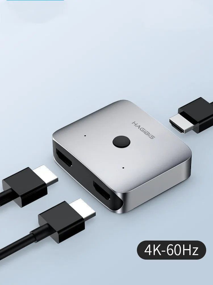 Grey Haibeisi HDMI 1.2 splitter switcher showing one input and two output ports for 4K video distribution