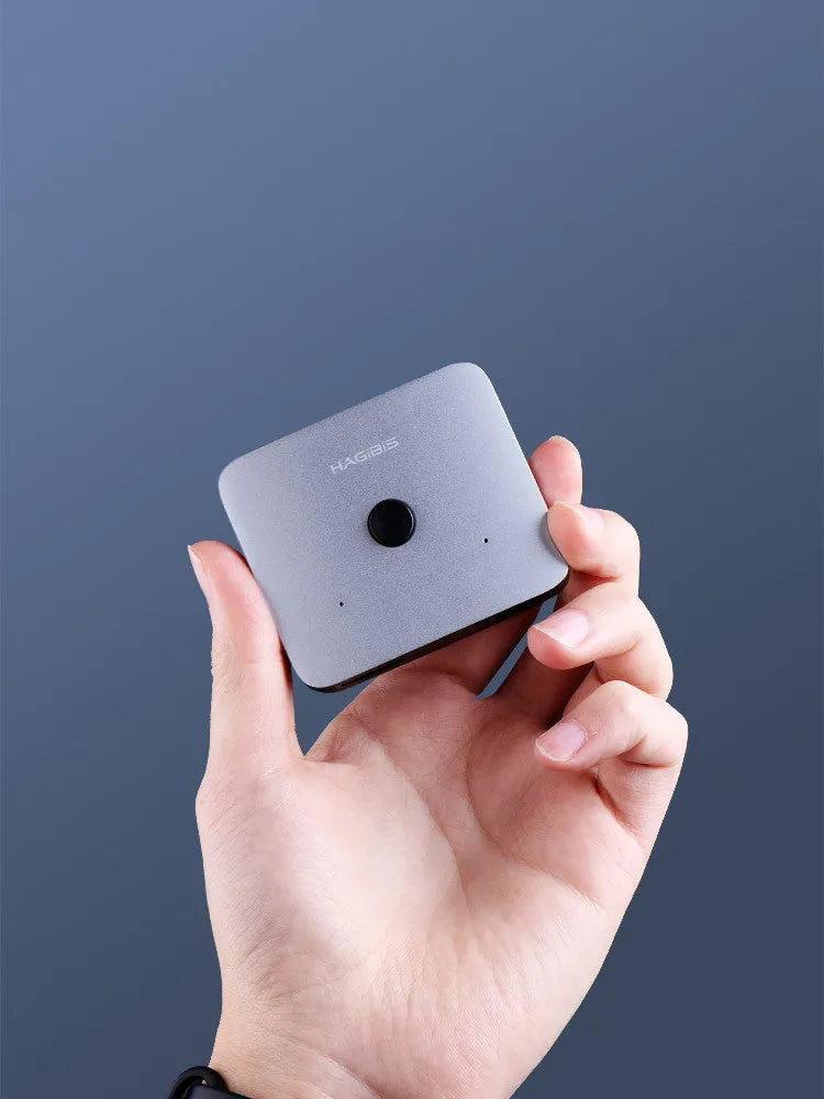 Grey Haibeisi HDMI 1.2 splitter switcher showing one input and two output ports for 4K video distribution