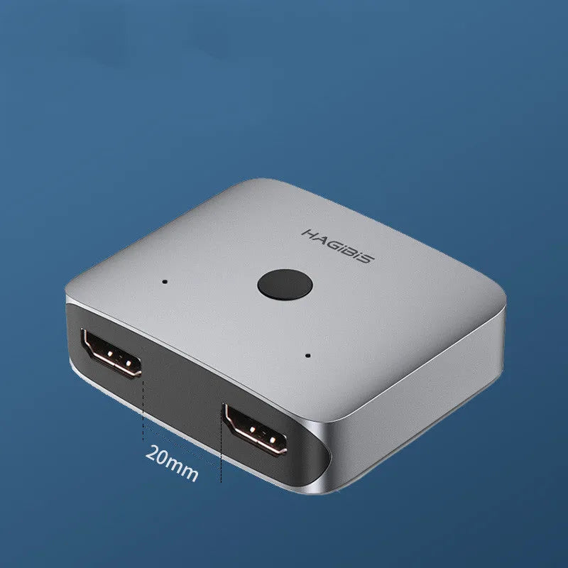 Grey Haibeisi HDMI 1.2 splitter switcher showing one input and two output ports for 4K video distribution