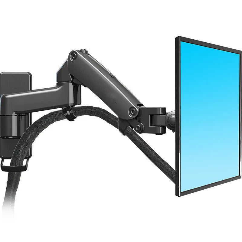 Black wall-mounted monitor stand with telescopic and rotating arm on a wall